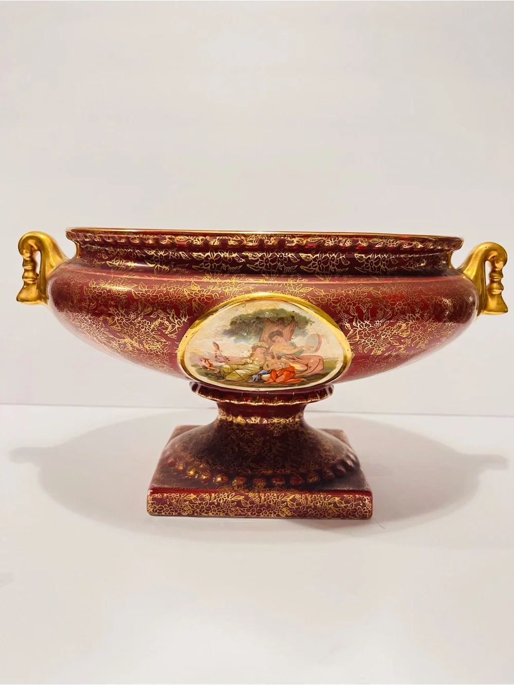 Vintage 1930’s Empire Ware Wine Red & Gold Floral Design Set of 2  Footed Urns